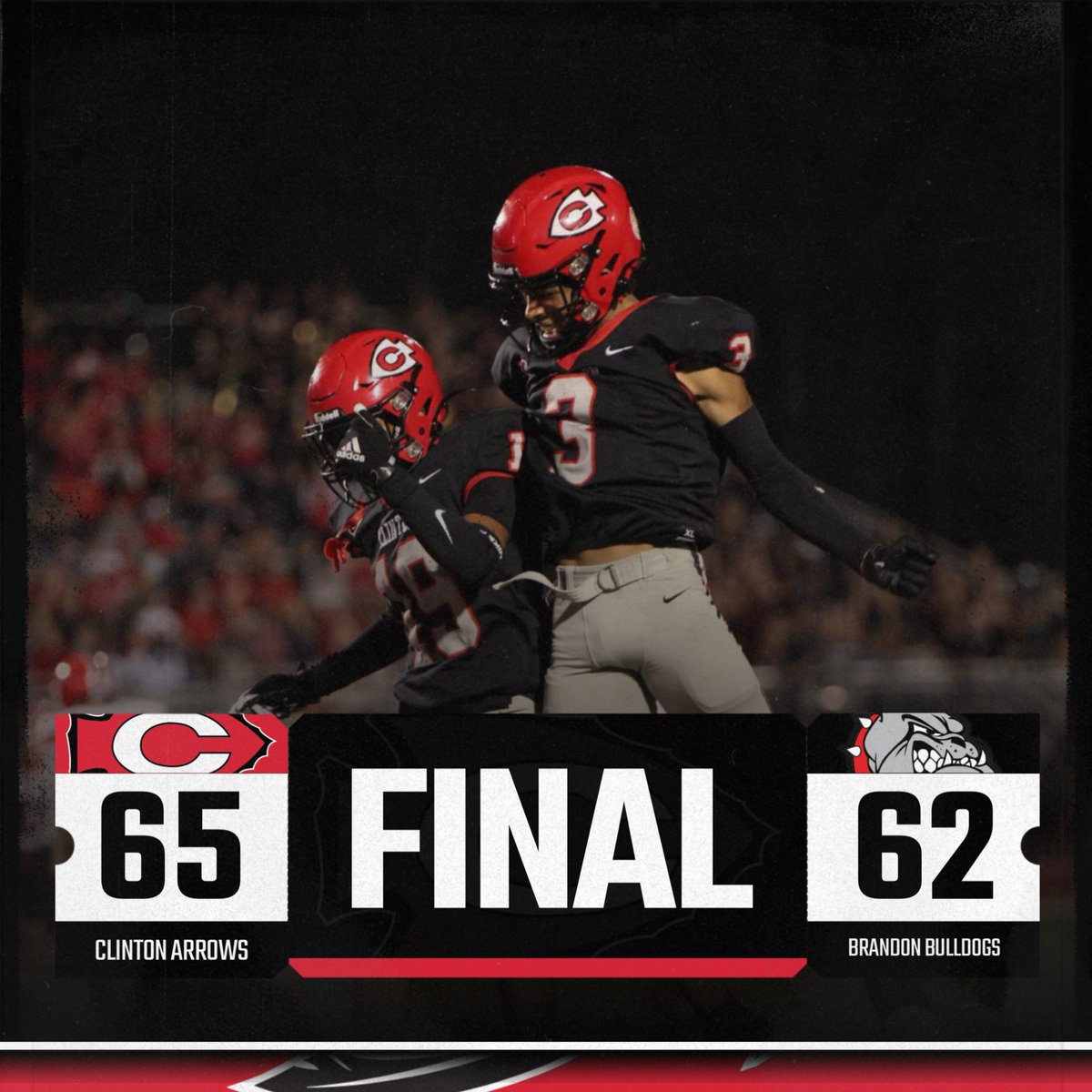 GoArrows's tweet photo. THE ARROWS TAKE THE VICTORY! Clinton wins an absolute monumental game against the Brandon Bulldogs in the 80th meeting all-time. #asalways #GOARROWS https://t.co/Q5UQBVpriw