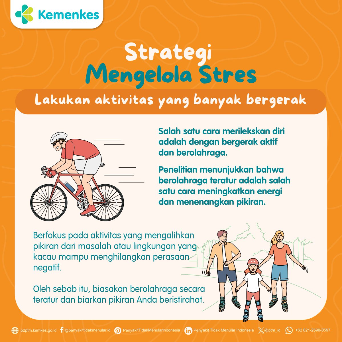 Olahraga bukan hanya untuk tubuh yang sehat, tapi juga pikiran yang tenang. Gerakan fisik melepaskan endorfin yang bisa meningkatkan mood dan mengurangi stres.
.
#CERDIK #CegahPTM #DukungGERMAS #Kelolastres #stres #AktivitasFisik #PenyakitTidakMenular