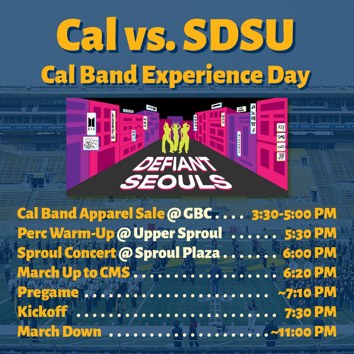 CalBand's tweet photo. GO BEARS! 🐻 BEAT THE AZTECS
We are so excited to welcome 1000+ high schoolers to our Cal Band Experience Day tomorrow!! Watch them perform with us during our halftime show: Defiant Seouls🫰💕
#CalBand #CBXD #UCBerkeley #HighSchoolBand #Cal #Gameday #CollegeMarchingBand https://t.co/Kc9DD5zOiW