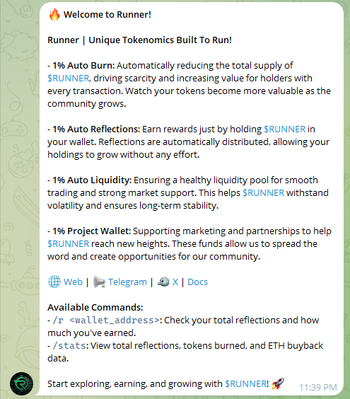 Runnernomics's tweet photo. Our $RUNNER TG Bot is now live!

You can check it out in the TG by typing /stats.

This will show you the overall tokenomics statics for $RUNNER.

You can also send the TG Bot a DM. This way you can ask the bot to check your total reflections you've earned WITHOUT having to connect your wallet to any 3rd party dApps!