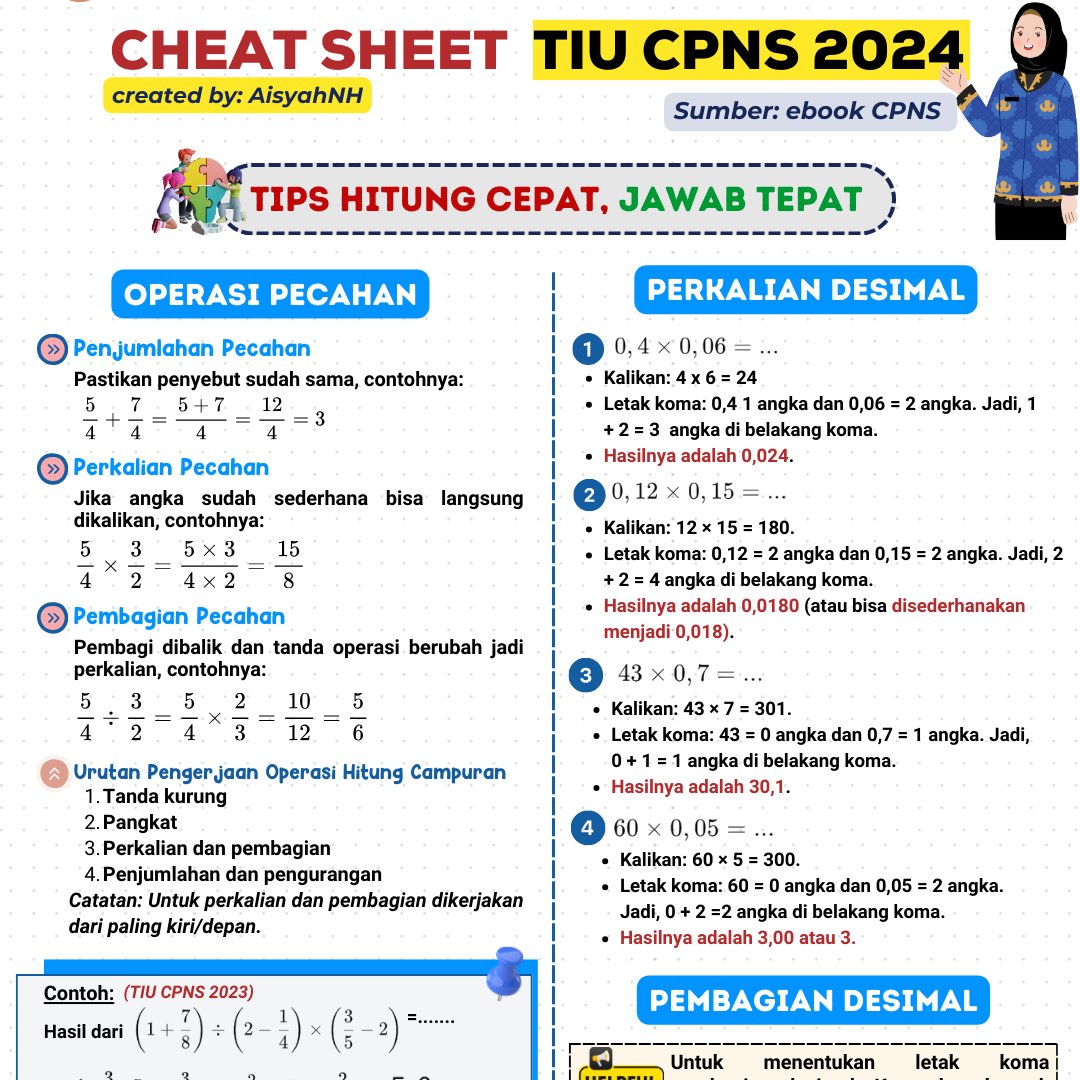 aisyahnh076's tweet photo. pake tips ini aja nder👇🏻
1. Berdoa & perbanyak latian soal terupdate
2. Update info berita terkini sebagai penunjang kasus di tes TWK
3. Latihan skimming/baca cepat
4. Perbanyak TO untuk hasil yg optimal
5. Pake Cheat Sheet ini sebagai metode belajar efektif
🔗akses: https://t.co/ylXPantqj9
