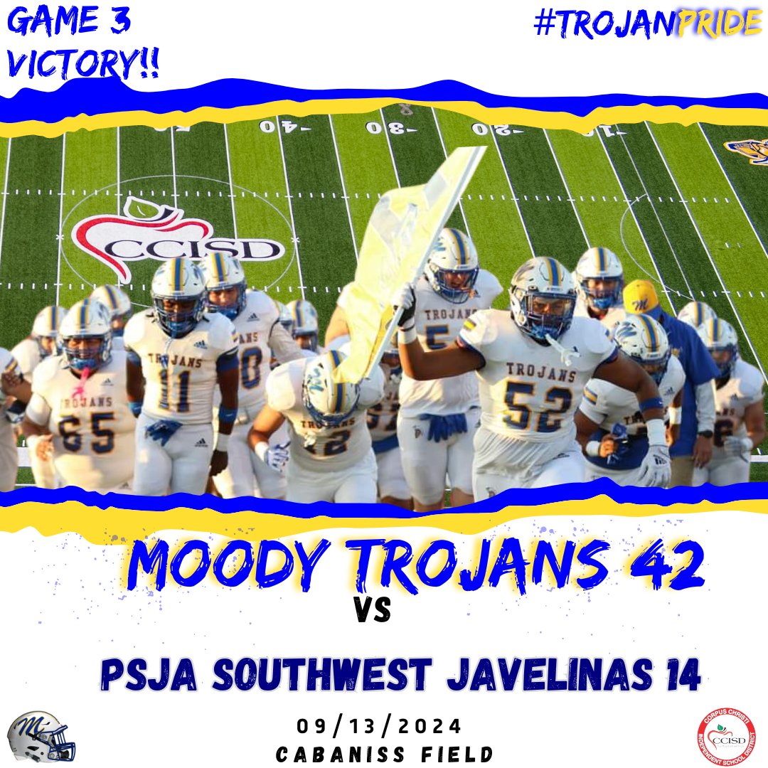 TrojanPrideFtbl's tweet photo. Great TEAM WIN tonight 42-14 over a tough PSJA Southwest squad!
#TrojanPride🔵🟡
#TrojanTough🛡️⚔️ https://t.co/u74UB44D2z