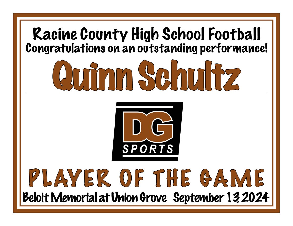Congratulations Quinn Schultz and Finnian Morrison our DG Sports Players of the Game tonight!! #wisfb <a href="/UGHSBroncos/">Union Grove UHS</a> @UGHS_Football <a href="/MaxPreps/">MaxPreps</a> <a href="/scorestream/">ScoreStream</a> <a href="/PrepRedzoneWI/">Prep Redzone Wisconsin</a> <a href="/SLC_Wi/">Southern Lakes Conference</a>