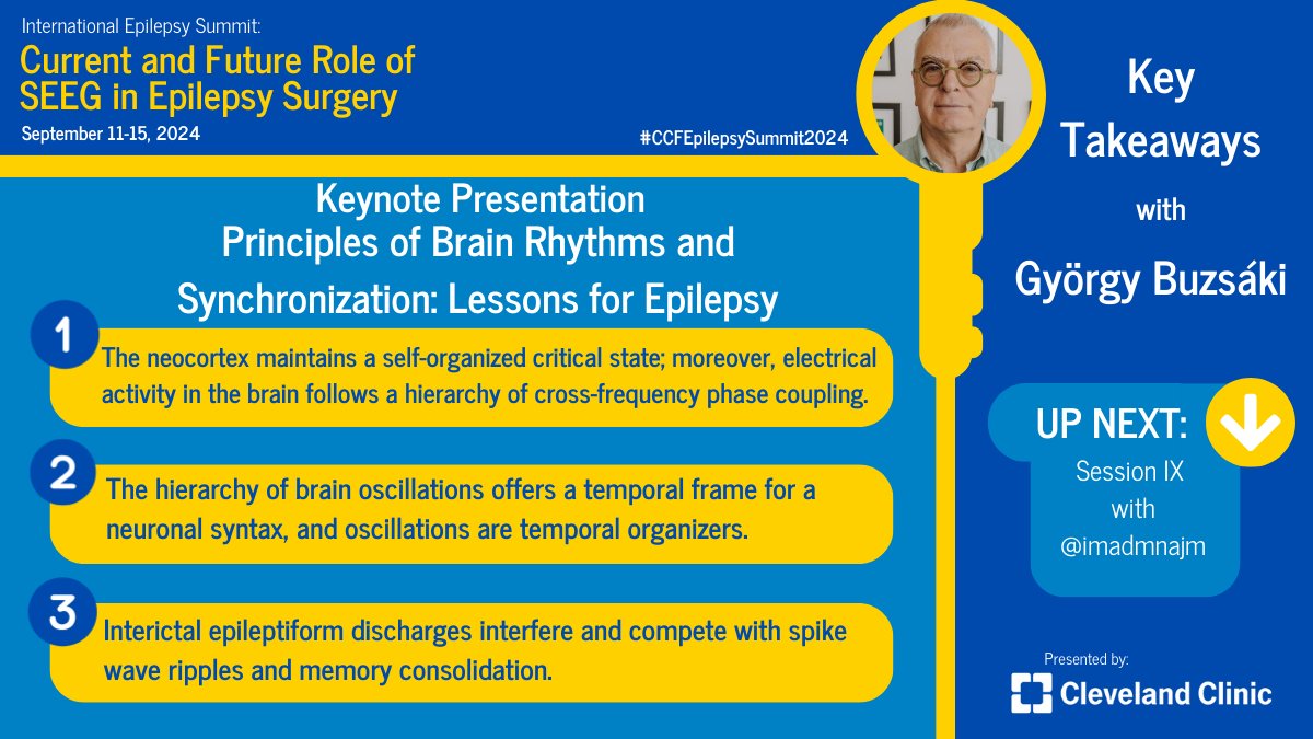 epilepsydoc's tweet image. Key highlights from this evening's keynote lecture by Dr. Gyorgy Buzsaki!
One of the best talks ever, on #synchronization, spike wave ripples and #cognitive processing, with implications for dysfunction in #epilepsy!
#CCFEpilepsySummit2024
@imadmnajm @balukrishnan…