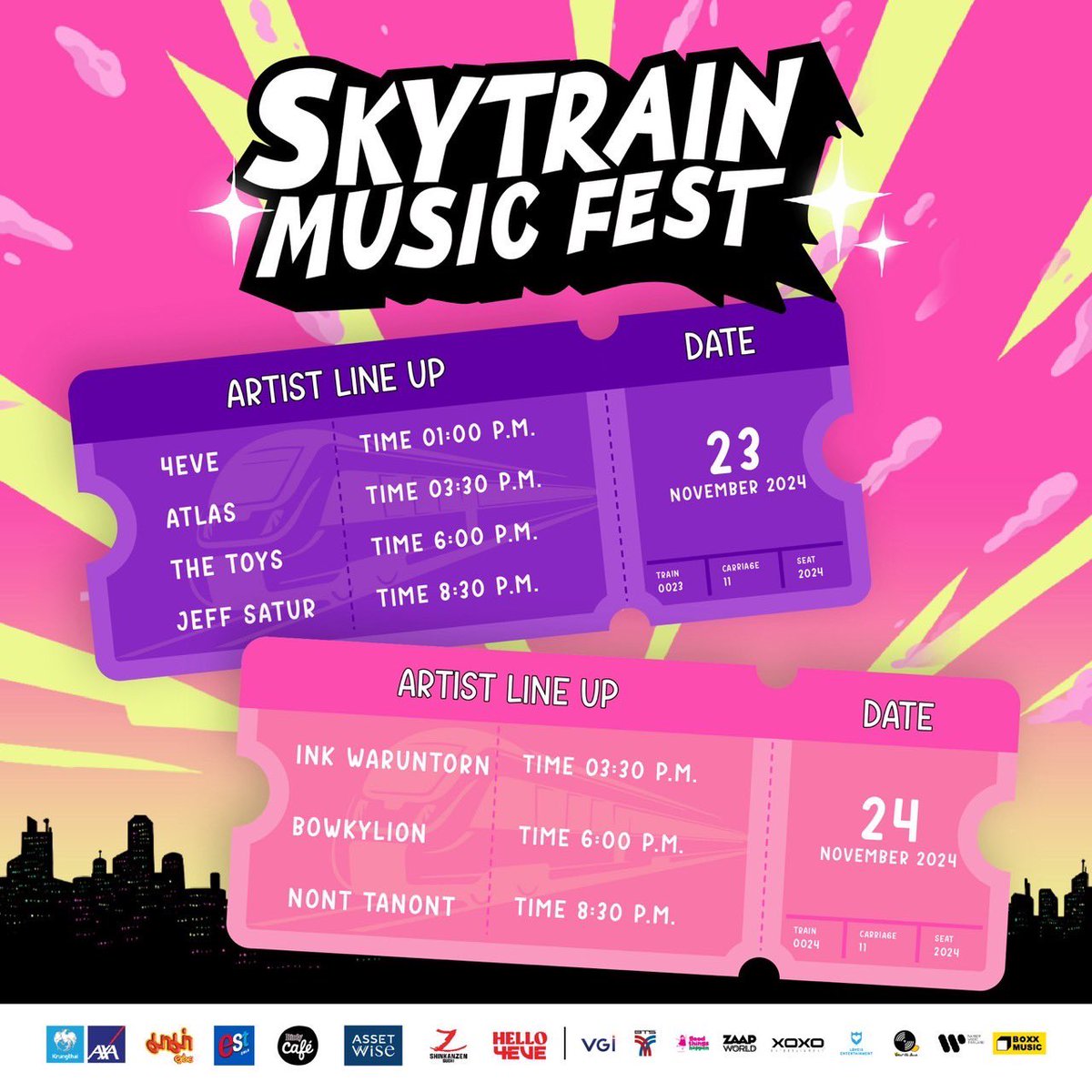 SkytrainFest's tweet photo. Attention please💨 ท่านผู้โดยสารโปรดทราบ… เตรียมตัวกันให้พร้อม กับ Music Fest ครั้งแรก! ในขบวนรถไฟฟ้า BTS 🚇

ชานชาลา #SkyTrainMusicFest ยินดีต้อนรับเข้าสู่ขบวนของ “ศิลปิน”

4EVE
ATLAS
BOWKYLION
INK WARUNTORN
JEFF SATUR
NONT TANONT
THE TOYS https://t.co/uR8NskeuQq