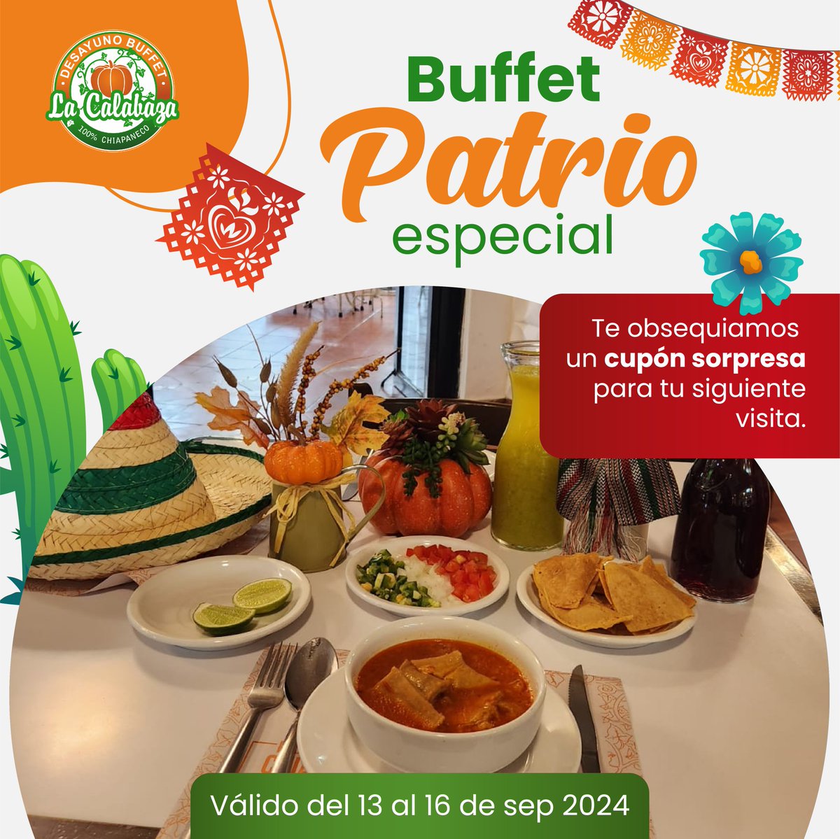 La semana del 13 al 16 de septiembre,  tendremos un buffet especial Mexicano que no te lo puedes perder porque estará delicioso. 😋

Tendremos cupones SORPRESA para usarlos en su siguiente visita. 

Miércoles y domingo Marimba en vivo
El mejor Desayuno Bufet Especial Chiapaneco