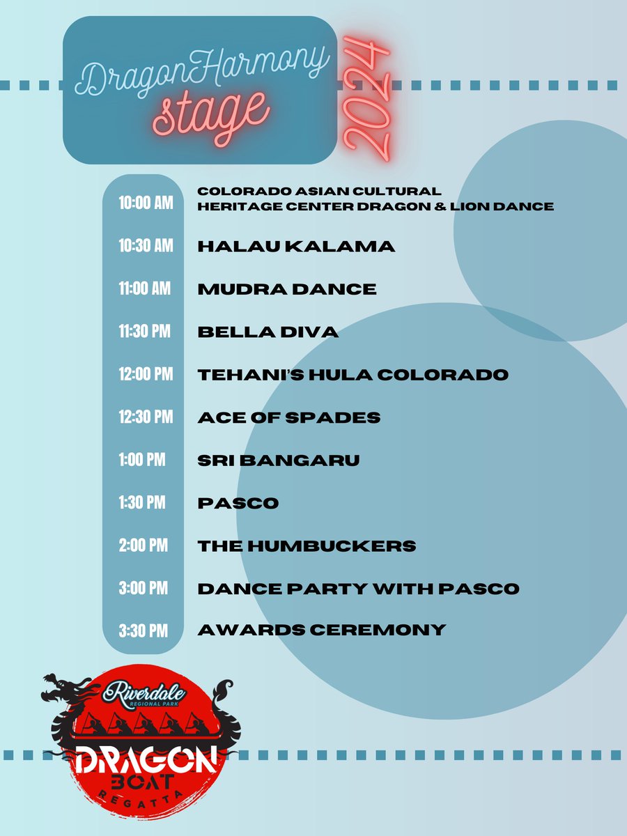 COdragonboat's tweet photo. Come for the races...stay for the performances! Check out our two performing arts areas, the Dragon Harmony Stage and the Cultural Unity Stage, at the Riverdale Regional Park Dragon Boat Regatta up in Adams County.
When: Sunday, September 22nd from 10AM - 4PM https://t.co/pBo1wWVSsX