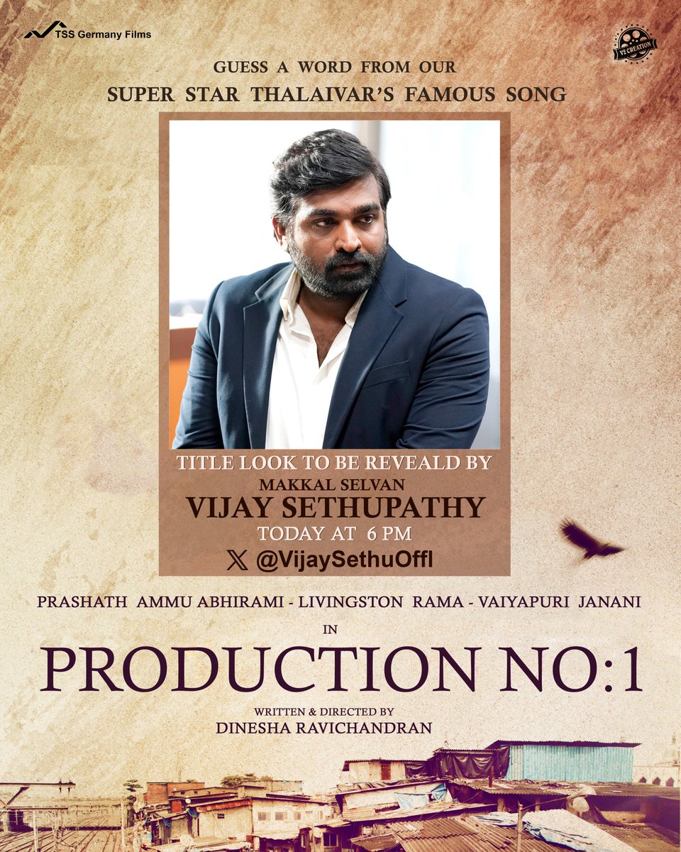 Twitter: 

TSS Germany Films &amp; V2 Creation Production No1 Title Will be released by Makkal Selvan <a href="/VijaySethuOffl/">VijaySethupathi</a> today @ 6 PM.

Directed By <a href="/DirDinesha/">Dinesha Ravichandran</a> 

<a href="/sandycam37/">santhoshr</a> <a href="/vibinrv007new/">Vibin R</a> <a href="/VsrinathVijay/">Srinathvijay</a> <a href="/Ammu_Abhirami/">AmmuAbhirami</a> <a href="/Vaiyapuri_Offcl/">Vaiyapuri</a> <a href="/KaviKabilan2/">Kavi Kabilan</a> <a href="/AdithyarkM/">Adithya Rk</a> <a href="/VaikomViji/">Vijayalakshmi</a> <a href="/PREMCHANDE/">Prem Chand Lyricist</a>