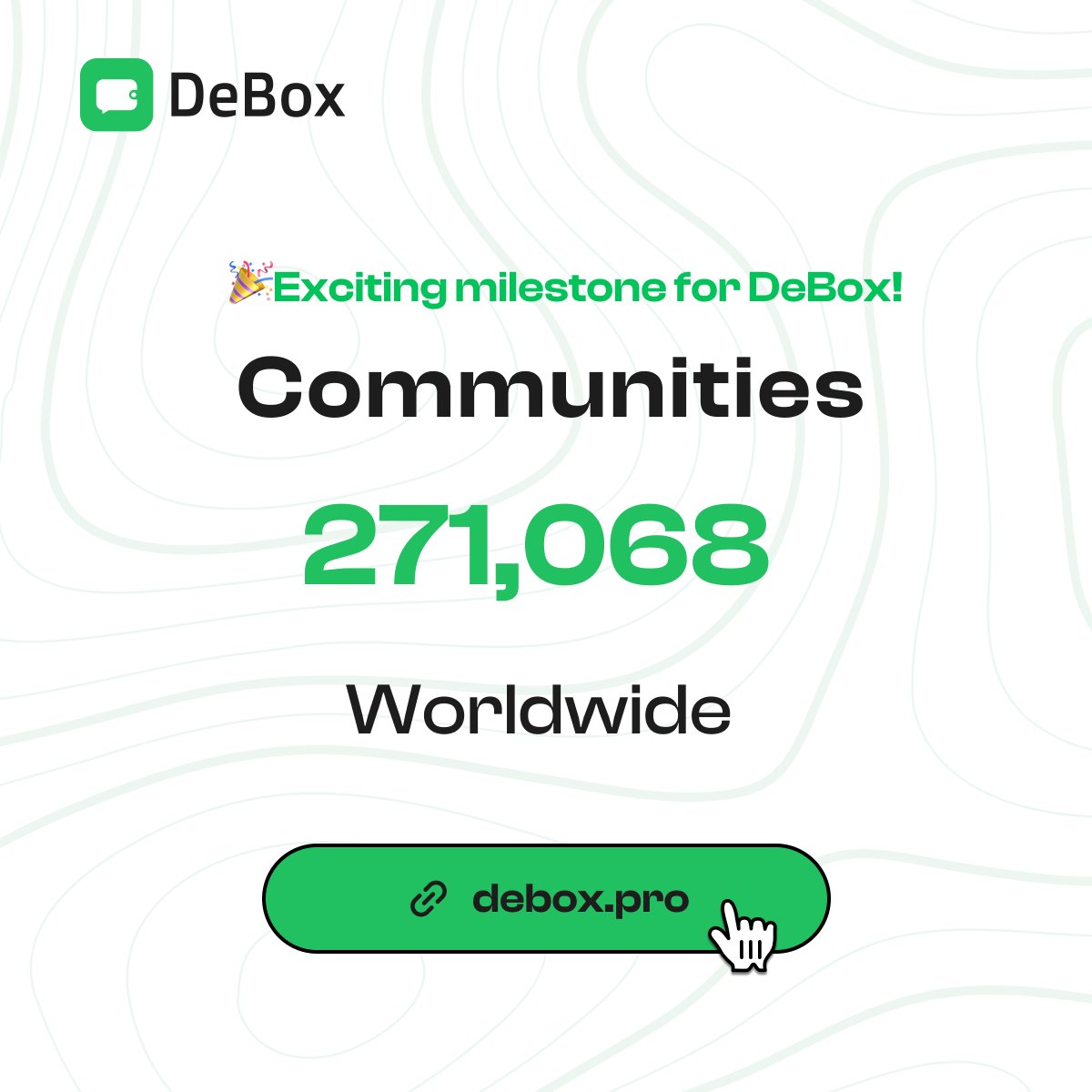 👏 Just reached a new milestone!

✅ Over 271,068 communities worldwide have been established using #DeBox.

🟢 We’re excited to further expand our global community, providing convenient and practical #web3 management tools.

💚 A big thanks to all our partners for moving forward