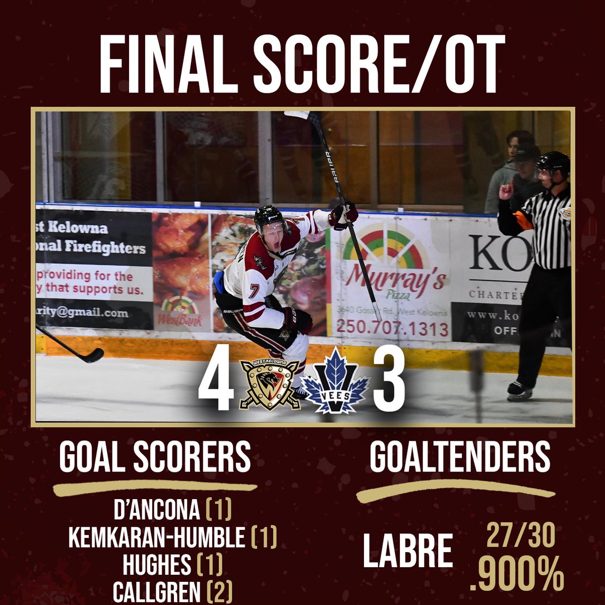 BCHLWarriors's tweet photo. WARRIORS WIN!!

Elias Callgren wins it in Overtime as your Warriors take down Penticton 4-3!

#BCHL https://t.co/8HyrLmtD6f