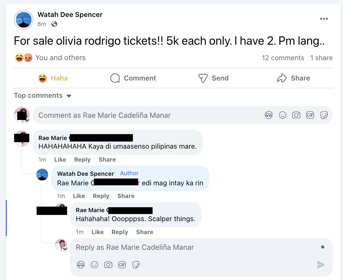 Grabe noThe Olivia Rodrigo concert is already (I think) sold out, and yet people like this are already surfacing. HAHAHAHAHA