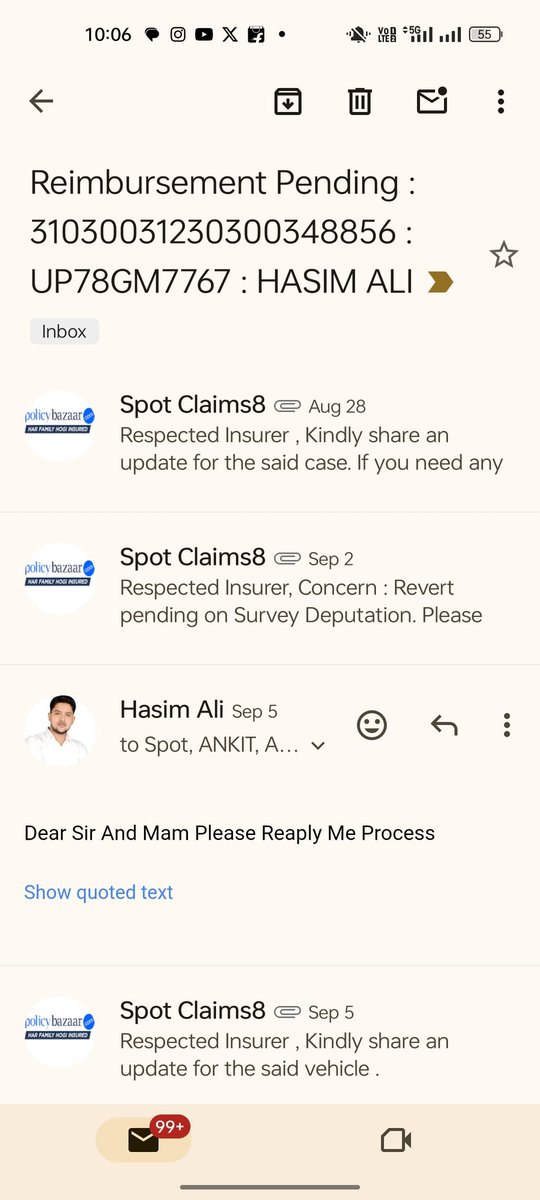 Hasimalikalpi1's tweet photo. Dear sir maine Newindia se car insurance clame kraya tha 3 month hone wale hai abhi tak clame clear nhi hua jab ki maine main 23august ko car ejensy ko 71000 ka payment kiya hai aur newindia aur policy bazar sirf date dete hai @policybazaar @PBHelpDesk https://t.co/CtElB0ka73