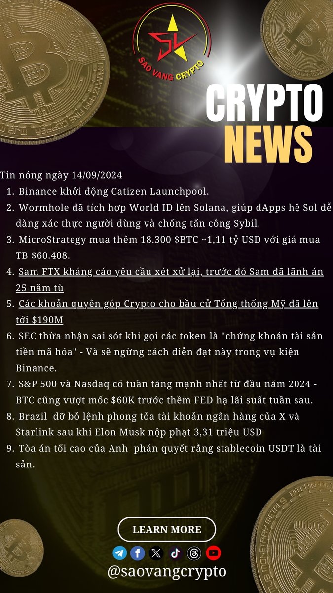 WhaleFCVN's tweet photo. Bản tin Crypto ngày 14/09/2024
#CryptoNews https://t.co/p9zUVmpYfI