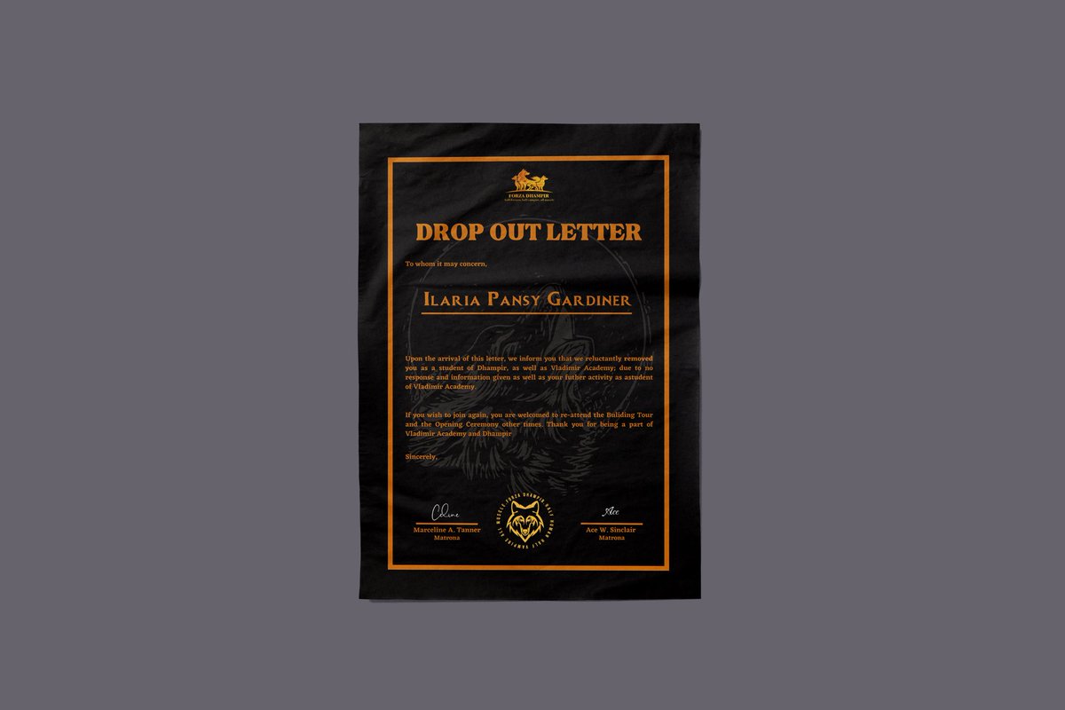 ㅤ
[ DROP OUT LETTER ]

<a href="/pafnsy/">𝗜𝗟𝗔 ִֶָ</a> - D-121126

Thank you for your dedication. May luck always be with you. See you next time!

<a href="/VladimirAcademy/">Vladimir Academy</a>, <a href="/VNA_Nation/">VNA NATION</a>, <a href="/VladimirDatum/">𝐃𝐚𝐭𝐮𝐦</a>, <a href="/Sir_ASinclair/">Ace.</a>, @Ms__CTanner, <a href="/afglio/">Abraham.</a>, <a href="/admonice/">Retta</a>, <a href="/arakavers/">Araka</a>.
ㅤ