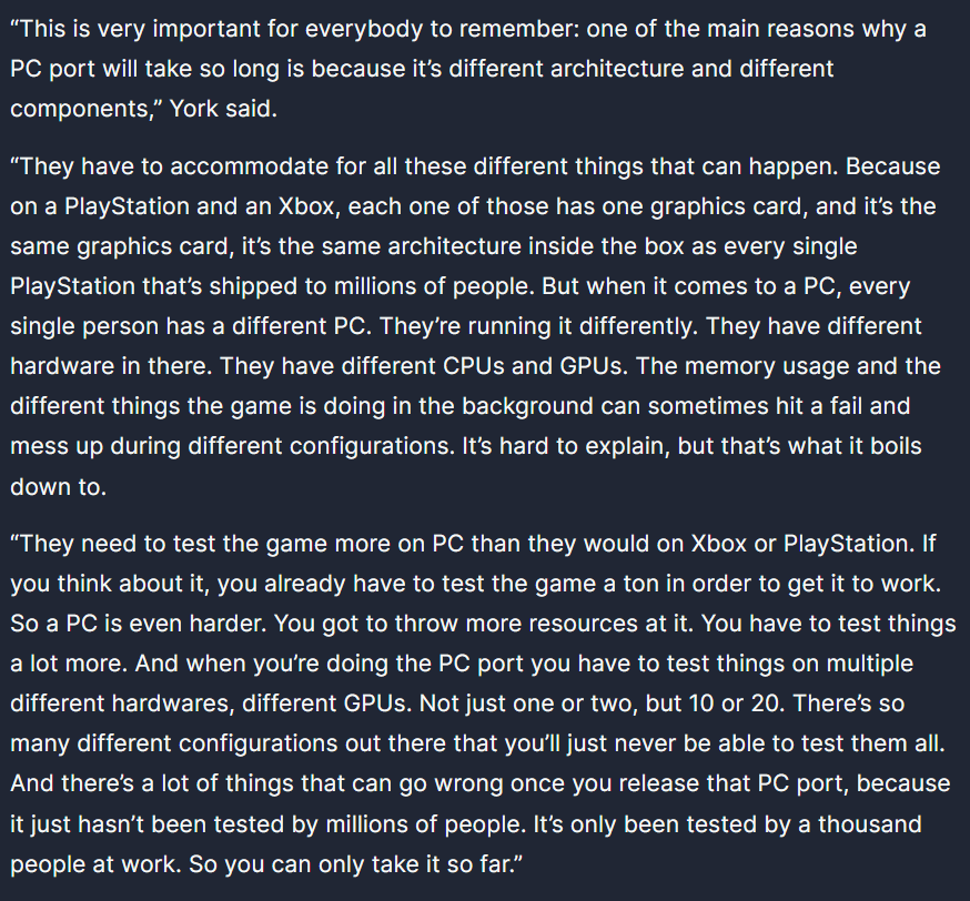 Christopher86R's tweet photo. @Claymaz1ng @sniperwrath @PCBat2001 @OhNoItsAlexx It literally proves my point. 😂😂😂😂😂😂😂

He says PC versions require more testing compared to console versions and that would cause a delay. They "prioritise" consoles because that's what's going to sell more.

Oh god, you owned yourself. https://t.co/uipNBf46Zj