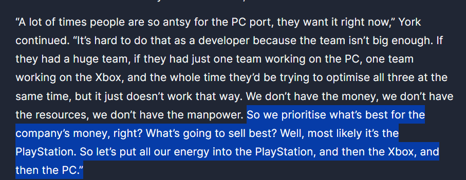 Christopher86R's tweet photo. @Claymaz1ng @sniperwrath @PCBat2001 @OhNoItsAlexx It literally proves my point. 😂😂😂😂😂😂😂

He says PC versions require more testing compared to console versions and that would cause a delay. They "prioritise" consoles because that's what's going to sell more.

Oh god, you owned yourself. https://t.co/uipNBf46Zj
