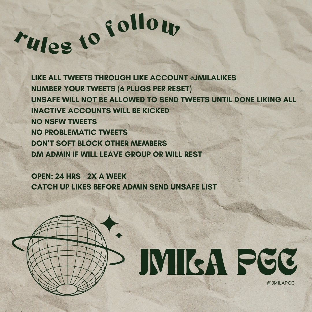 JMILA PGC RECRUITING   

• ACTIVES ONLY  
• weekly removing of inactives 
• easy liking on account <a href="/JMILAlikes/">JMILA likes</a> 
• 24hrs open — 2x a week 
• must be following or open dms 
• rt and reply to be added

hype gc | promo gc | payola gc.