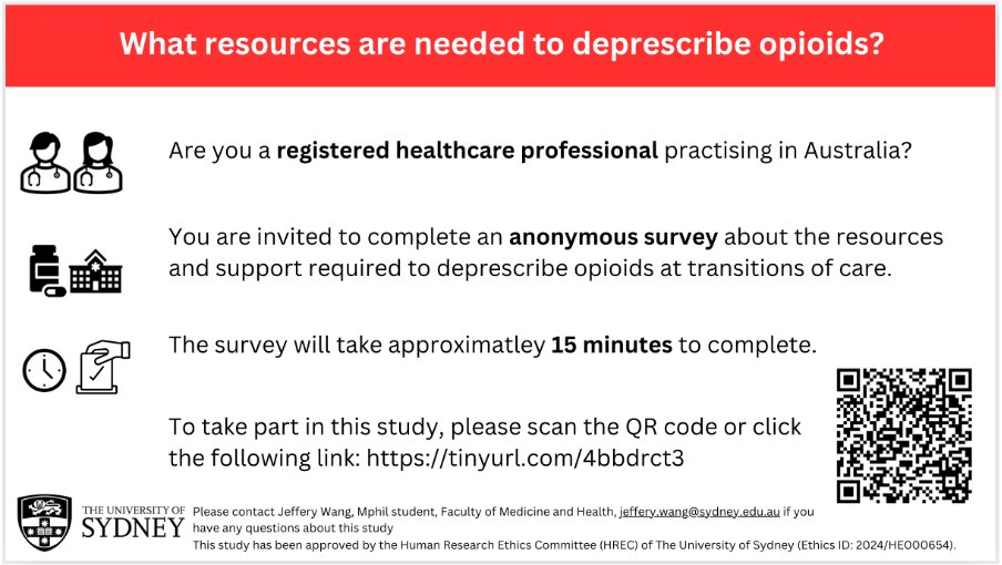 Are you a registered healthcare professional in Australia?

We would like to invite you to participate in our study on opioid deprescribing at transitions of care. Find out more by clicking on the following link: tinyurl.com/4bbdrct3
#opioids #deprescribing #transitionsofcare