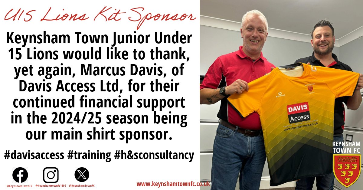KeynshamTownFC's tweet photo. Keynsham Town Junior Under 15 Lions would like to thank, yet again, Marcus Davis, of @DavisAccess for their continued financial support in the 2024/25 season being our main shirt sponsor.
#davisaccess #training #h&sconsultancy https://t.co/fsaRcfLY62