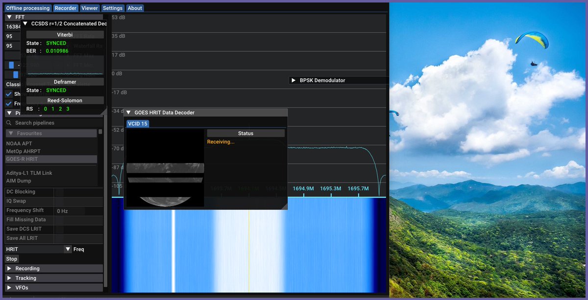 fearlesslyloyal's tweet image. This ecumenical eclectic evaluation included assemblies SAW BIRD + GOES LNA feeding the signal from the 1690mhz antenna via 100ft of #RG66 To my HRIT SDR of choice #Rsp2Pro ,Port b @SDRPlay . The Decoding by SatDump from the @ryzerth crew .