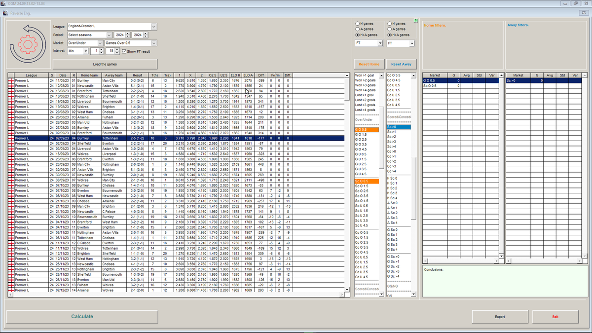 Cgmbet's tweet photo. The new "Reverse engineering" software will be launched in its first version on 25th September! 
The idea is to load a set of games with the same outcome in a selected market to find out what those games have in common. 

 In the picture, I loaded all PL games from the last season with at least 1 goal in the first 15 minutes. 
On the right side, you can select the markets to check and then see the results, considering the entire season or the last 1,2,3,...10 games   

As you probably know, this is under 10% of what the software will be capable of doing in the following months :)  

Thank you to those who supported the project and trusted me that I will release a new powerful tool!  

The early bird no.2 offer ends in 2 days! Please check the software's home page for more details!