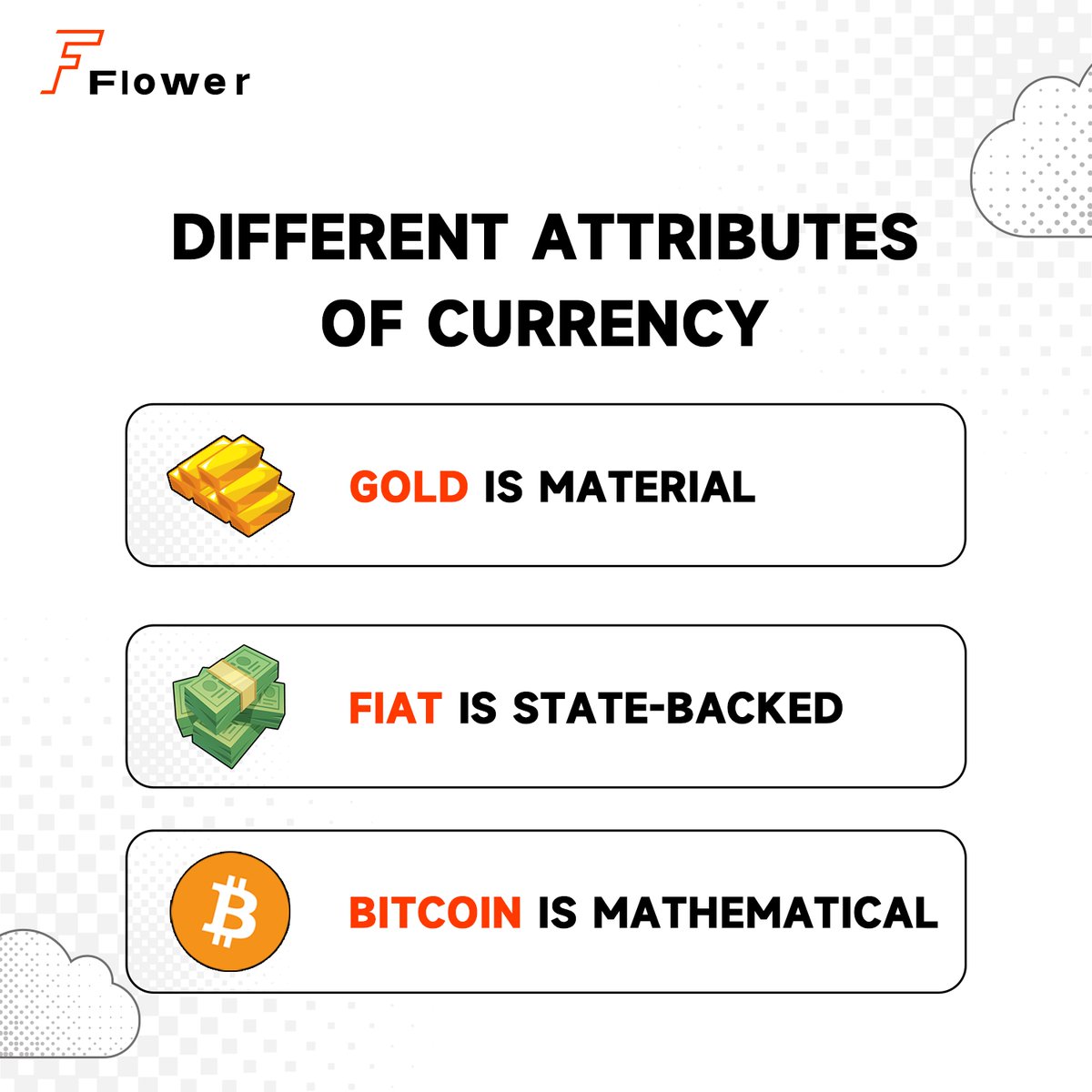 FlowerEx_Global's tweet photo. 💰 DIFFERENT ATTRIBUTES OF CURRENCY 💰

Gold is material 🌟  
Fiat is state-backed 💵  
Bitcoin is mathematical 🧠💻

💬Download Flower : https://t.co/4qllETYdo8
🚀Trade Bitcoin：https://t.co/tD3E1uq9oJ

#Bitcoin #Crypto #CurrencyEvolution #DigitalGold #Blockchain https://t.co/uMEGL1SOR5