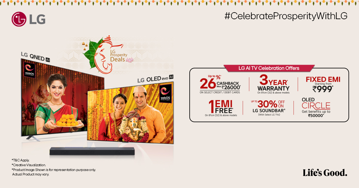 LGIndia's tweet photo. Celebrate with LG AI TVs! Enjoy cashbacks, extended warranties, and exclusive discounts on LG Soundbars &amp; TVs. Unmatched clarity and sound for magical moments.

Learn more: https://t.co/E2K3zmRXVm

#LG #LGIndia #LifesGood #FestiveOffers #HomeElectronics https://t.co/jix1KGOTuT
