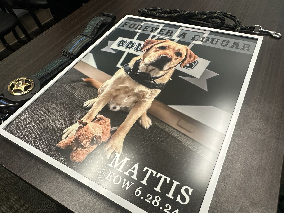 FCSO Therapy K9 (@fcsotherapyk9) on Twitter photo Today <a href="/WHS_Cougars/">Westland High School</a> were presented with Mattis’ collar, badge and leash that he wore every day as well as a picture of him. His legacy lives on. We are so honored that our team has Mattis right on their helmets. Go Cougars! #BeLikeMattis <a href="/OHFCSO/">Franklin County Sheriff’s Office</a> <a href="/SWCSD/">South-Western CSD</a> <a href="/K9Mattis/">Darrah Metz</a> Today <a href="/WHS_Cougars/">Westland High School</a> were presented with Mattis’ collar, badge and leash that he wore every day as well as a picture of him. His legacy lives on. We are so honored that our team has Mattis right on their helmets. Go Cougars! #BeLikeMattis <a href="/OHFCSO/">Franklin County Sheriff’s Office</a> <a href="/SWCSD/">South-Western CSD</a> <a href="/K9Mattis/">Darrah Metz</a>