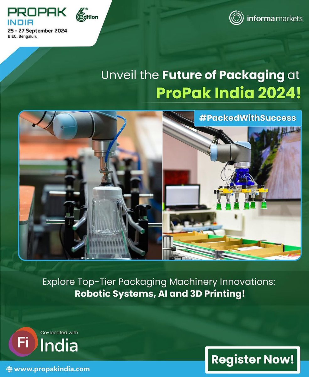 FoodTechBiz's tweet image. Dive into Advanced Packaging Technology at ProPak India 2024!
Book Your Space Now: bit.ly/3Sm5giv
Register Now to Visit: bit.ly/3xi6zYu
#ProPakIndia2024 #ProcessingSolutions #PackagingSolutions #InformaMarkets #TechInnovation #RoboticPackaging @in_informa