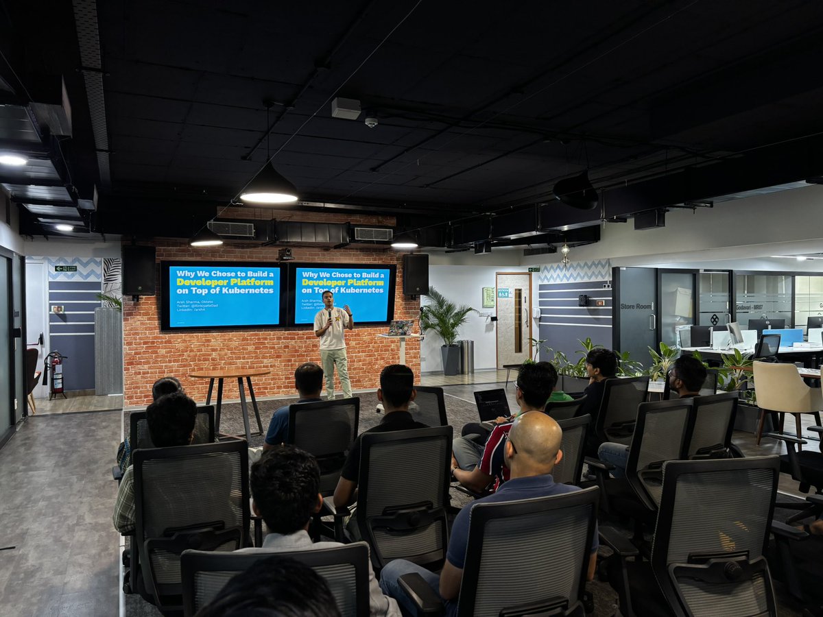 nabarun (@theonlynabarun) on Twitter photo The Platform Engineering Meetup starts with a session from <a href="/RinkiyaKeDad/">Arsh Sharma</a>. He is talking about why they chose to build a Developer Platform on top of <a href="/kubernetesio/">Kubernetes</a>. The Platform Engineering Meetup starts with a session from <a href="/RinkiyaKeDad/">Arsh Sharma</a>. He is talking about why they chose to build a Developer Platform on top of <a href="/kubernetesio/">Kubernetes</a>.