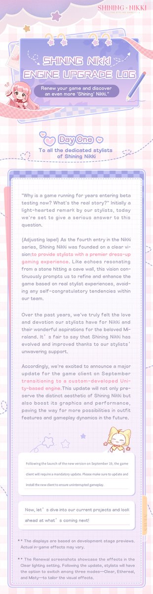 ShiningNikki_SN's tweet photo. ✨More Shining Nikki| SN Engine Upgrade Log✨
Get ready for the September 19 update where our game engine will be significantly enhanced. Renew your game and discover an even more 'Shining' Nikki."
Check out the "Shining Nikki Engine Upgrade Log" for our engine enhancements. More to come...

Follow, Quote Tweet before 9/21 to get:

[Momo Itabag] × 2
>>>Download Game: https://t.co/cdllzGS8rJ

#ShiningNikki #Papergames #MoreShiningNikki
