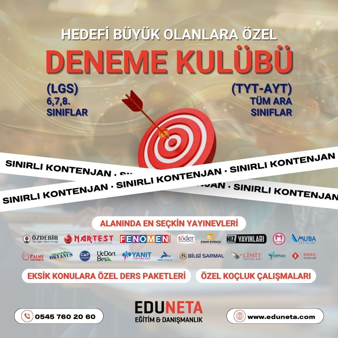 Hedefin Büyükse, Hazırlığın da Büyük Olmalı!🌟📝🚀
Büyük hedeflere ulaşmak, güçlü bir hazırlık gerektirir! EduNeta deneme kulübü, sınavlara en iyi şekilde hazırlanmanız için tasarlandı.
📞0545 760 20 60