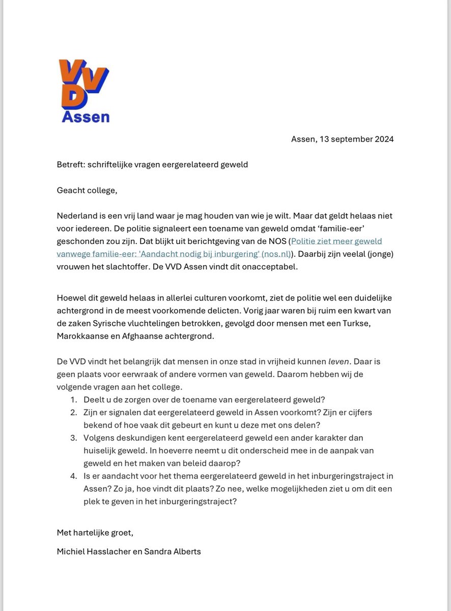 MHasslacher's tweet photo. Eergerelateerd geweld neemt toe. 

De politie vraagt zich af of aandacht hiervoor mee wordt genomen tijdens de inburgering. 

Wat je cultuur ook is: meisjes en vrouwen moeten hier veilig en in vrijheid op kunnen groeien. 

Daarom stelden @sandra_alberts en ik vragen👇 https://t.co/i82LQP019n