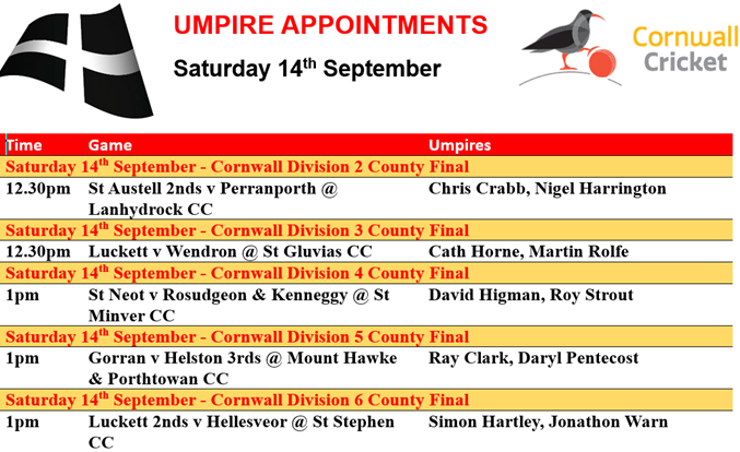 Here are the CACO umpire appointments for today as the 2024 comes to close on County Finals day <a href="/cornwall_league/">Cornwall Cricket League</a> <a href="/CornwallCricket/">Cornwall Cricket</a> <a href="/swsportsnews/">South West Sports News</a>