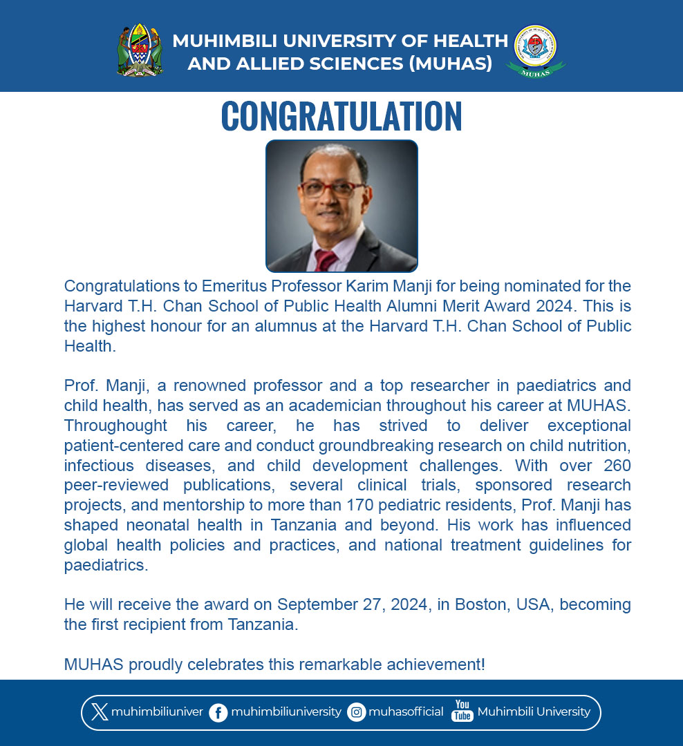 muhimbiliuniver's tweet photo. Congratulations Prof Karim Manji

Once again, MUHAS is immensely proud of your outstanding achievement! https://t.co/G2neolLenK