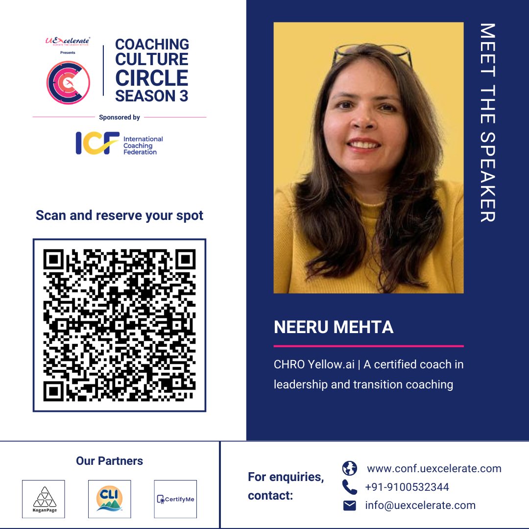 We are thrilled to announce that <a href="/NeeruMehta2/">Neeru Mehta</a>, CHRO of Yellow.ai, will be joining us as a speaker at the Coaching Culture Circle Conference '24!

𝐃𝐚𝐭𝐞: September 18th-19th, 2024
𝐏𝐥𝐚𝐭𝐟𝐨𝐫𝐦: Airmeet

𝐑𝐞𝐠𝐢𝐬𝐭𝐞𝐫 𝐡𝐞𝐫𝐞: lnkd.in/dXVNauBc
