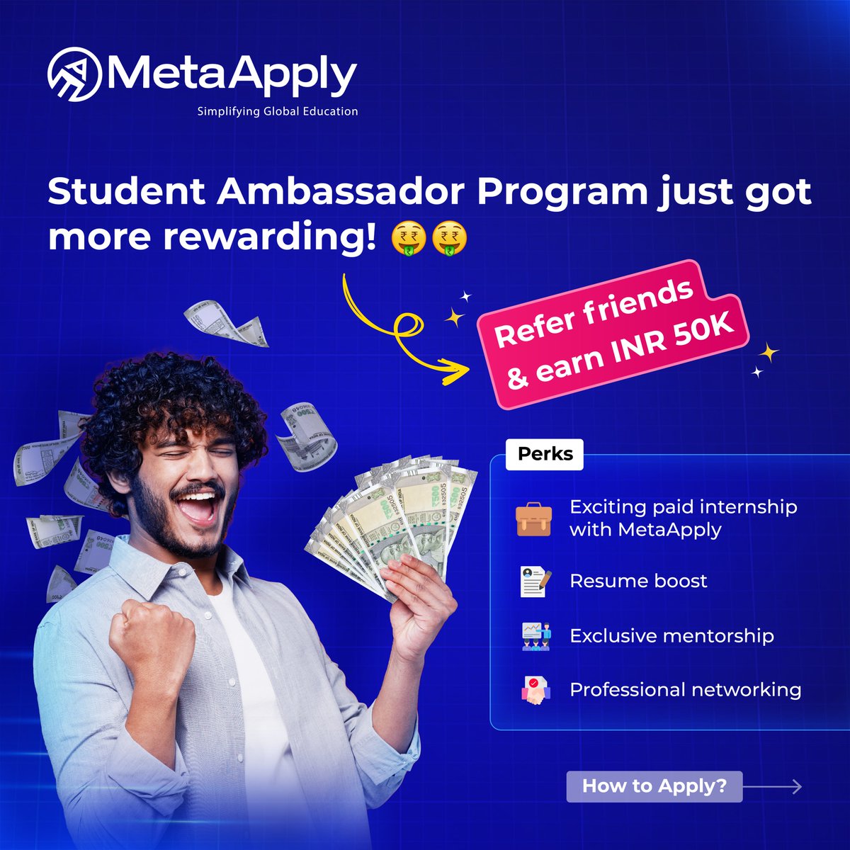 MetaApply_Edu's tweet image. The #StudentAmbassadorProgram is back with exciting rewards!

Imagine earning big while also gaining valuable experience, networking with like-minded peers, enhancing your leadership skills and much more - all with @MetaApply_Edu #Student #Ambassador #Program