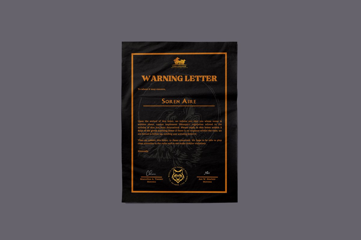 ㅤ

[ WARNING LETTER I ]

Dear, <a href="/nycturion/">𝐀𝐈𝐑𝐄.</a> . We deeply apologize to send this warning letter. Please kindly reply to this letter within the given period of time. Thank you.

<a href="/VladimirDatum/">𝐃𝐚𝐭𝐮𝐦</a> <a href="/Sir_ASinclair/">Ace.</a> @Ms__CTanner <a href="/afglio/">Abraham.</a> <a href="/admonice/">Retta</a> <a href="/arakavers/">Araka</a>
ㅤ