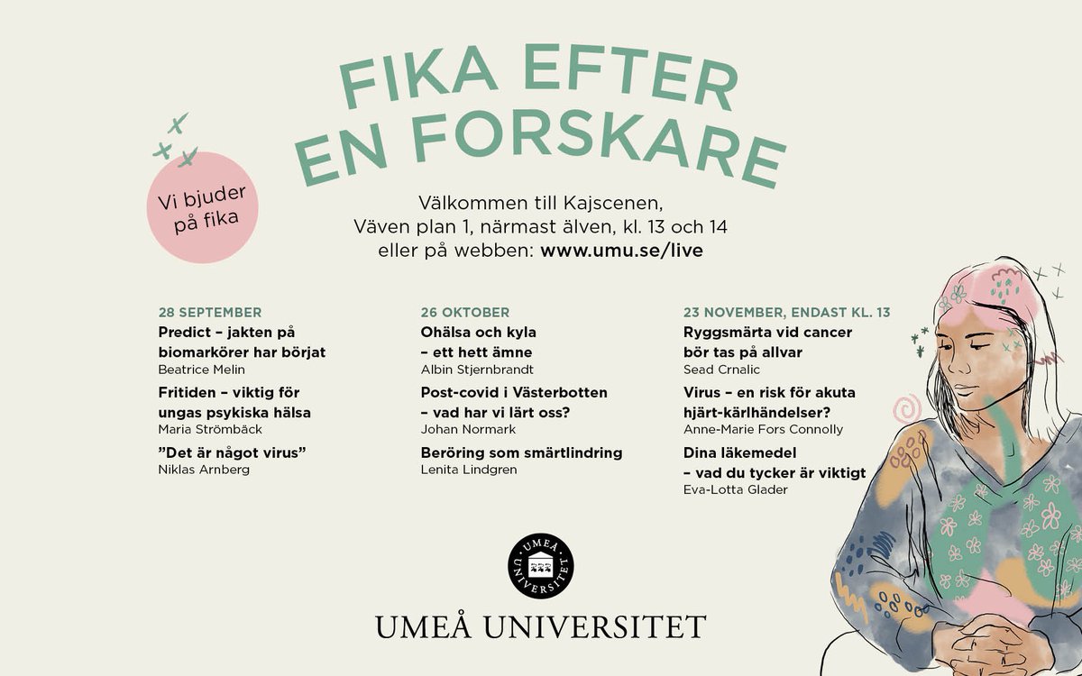 Höstterminen av “Fika efter en forskare” är snart här! 🍂☕️Vi är glada att kunna presentera tre tillfällen där tre fantastiska #forskare varje gång kommer att dela med sig av sin banbrytande #medicinska #forskning! 🎉

För alla detaljer besök vår webbsida: umu.se/fika