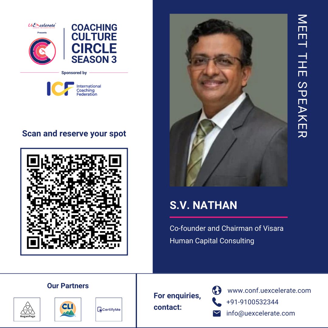 We are thrilled to welcome <a href="/Nathansv/">Nathan SV</a>, Co-founder &amp; Chairman: Visara Human Capital Consulting, as a distinguished speaker at the Coaching Culture Circle Conference '24!  

Date: 18th-19th September 2024 
Platform: Airmeet
Register now: lnkd.in/dXVNauBc