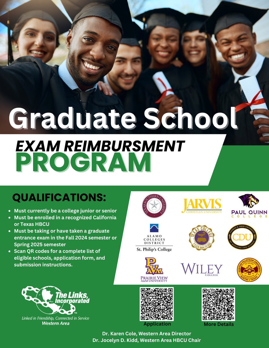 WA_Links's tweet photo. We are delighted to introduce the Graduate School Exam Reimbursement Program, aimed at mitigating the financial obstacles posed by graduate school entrance exams, priced between $220 and $525. #WALinks #linksinc #HBCUPride https://t.co/4TajlzU7bT