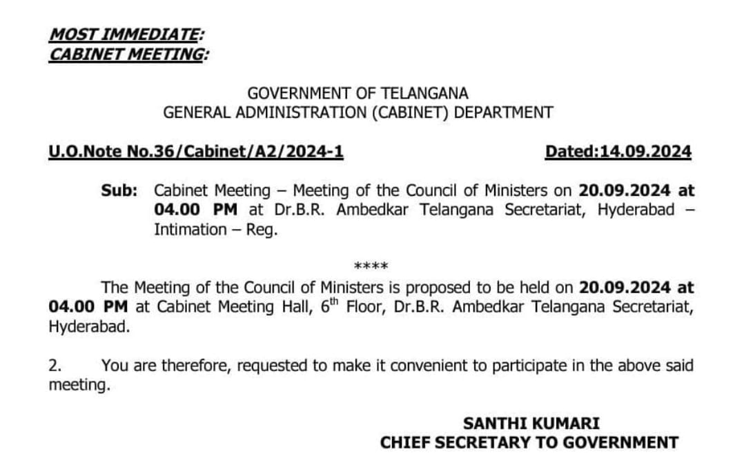 #Telangana Cabinet meeting on September 20. <a href="/TelanganaCMO/">Telangana CMO</a> <a href="/the_hindu/">The Hindu</a> <a href="/THHyderabad/">The Hindu-Hyderabad</a>