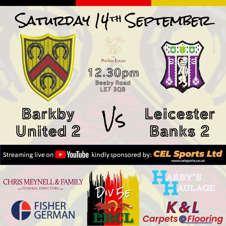 Barkby United CC (@barkbyunitedcc) on Twitter photo For the final time in 2024, today’s <a href="/landrcl/">Leics & Rutland CL</a> fixtures!
🚌 1s vs. Leicester Banks
🏡 2s vs. Leicester Banks 2s
▶️ m.youtube.com/watch?v=MSkt3_…
Thanks to our match day sponsors <a href="/FisherGerman/">Fisher German</a>, K&L Carpets, <a href="/HarbysHaulage/">Harby's Haulage</a>, Chris Meynell & Family Funeral Directors & <a href="/cel_sports/">CEL Sports Coaching</a> For the final time in 2024, today’s <a href="/landrcl/">Leics & Rutland CL</a> fixtures!
🚌 1s vs. Leicester Banks
🏡 2s vs. Leicester Banks 2s
▶️ m.youtube.com/watch?v=MSkt3_…
Thanks to our match day sponsors <a href="/FisherGerman/">Fisher German</a>, K&L Carpets, <a href="/HarbysHaulage/">Harby's Haulage</a>, Chris Meynell & Family Funeral Directors & <a href="/cel_sports/">CEL Sports Coaching</a>