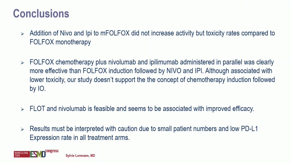 ArndtVogel's tweet photo. mFOLFOX plus/minus Nivo & Ipi vs FLOT + nivolumab in metastatic G/GEJ adenocarcinoma
#ESMO24
🔎IKF-AIO-Moonlight trial
👉ORR 46 vs 32 vs 47 vs 56%
👉PFS:  5,8 vs 4 vs 6,6 vs 7 mo
👉mOS: 10 vs 7,6 vs 12,5 vs 14,6 mo
🧐Only FLOT + Nivo seems feasible & effective
@myESMO #ESMOAmbassadors