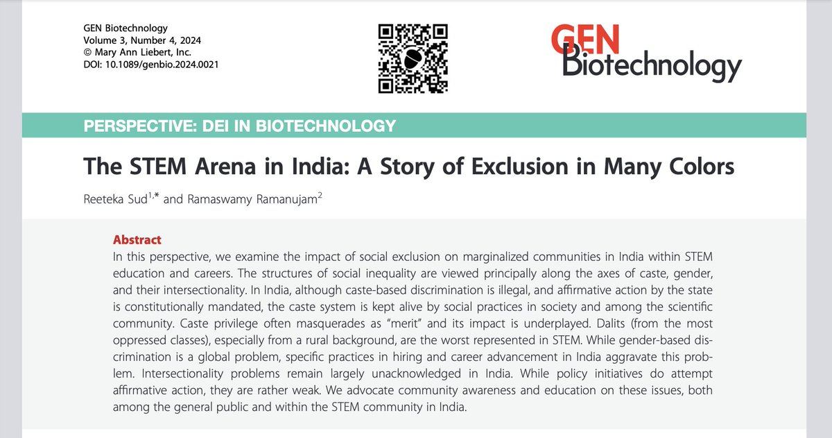 Dr. Reeteka Sud (Bluesky: reeteka.bsky.social) (@reeteka) on Twitter photo Indian #STEM arena is characterized by deeply entrenched forms of #exclusion that operate along the axes of caste, gender, and their intersectionality. Our recent article <a href="/GENbio/">Genetic Engineering & Biotechnology News</a>:
liebertpub.com/doi/epdf/10.10… Indian #STEM arena is characterized by deeply entrenched forms of #exclusion that operate along the axes of caste, gender, and their intersectionality. Our recent article <a href="/GENbio/">Genetic Engineering & Biotechnology News</a>:
liebertpub.com/doi/epdf/10.10…