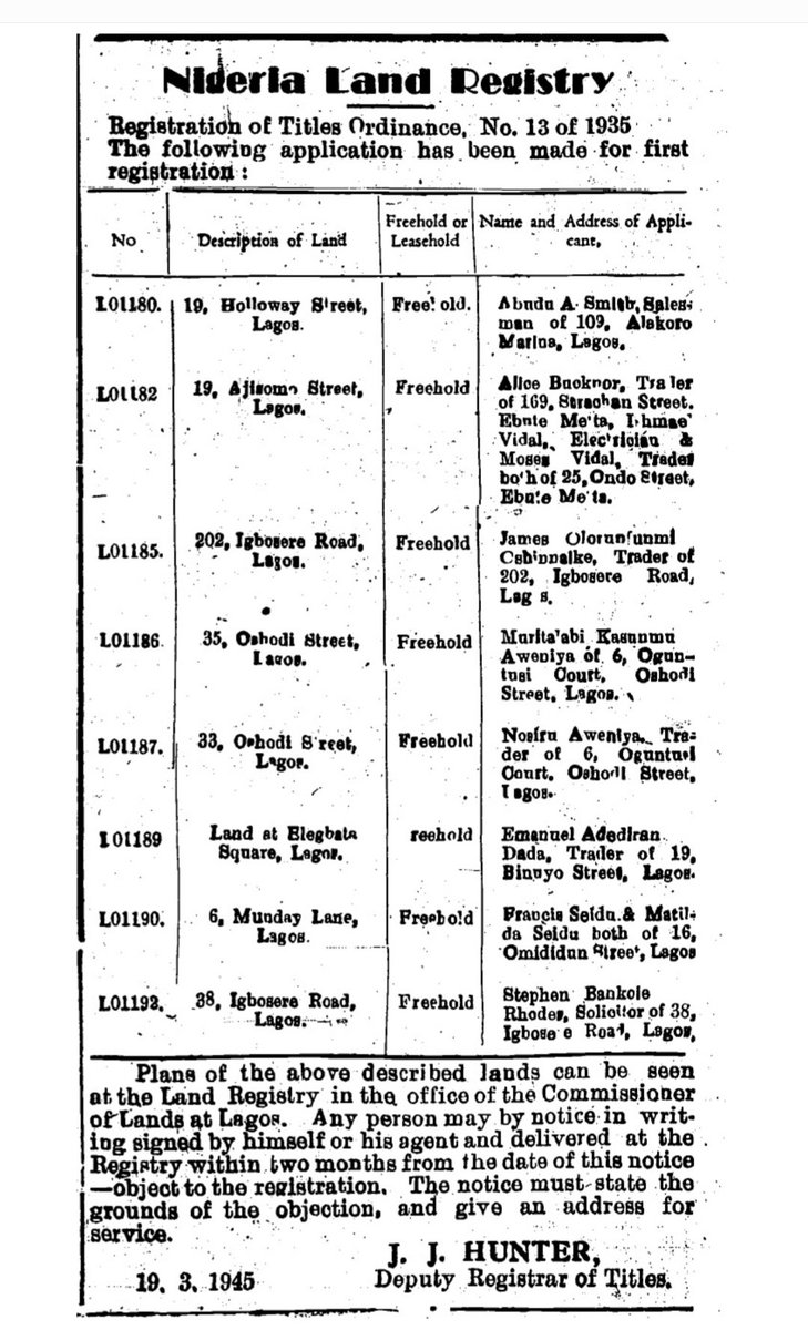 GRVLagosMedia's tweet image. There has been a fresh attempt to rewrite the history of indigenous Lagosians as soon as they demand good governance from the Tinubu government. 
We share GRV&apos;s family history through news paper headlines to set a clear record.
1) 1935 - 38 Igbosere registered as a freehold.