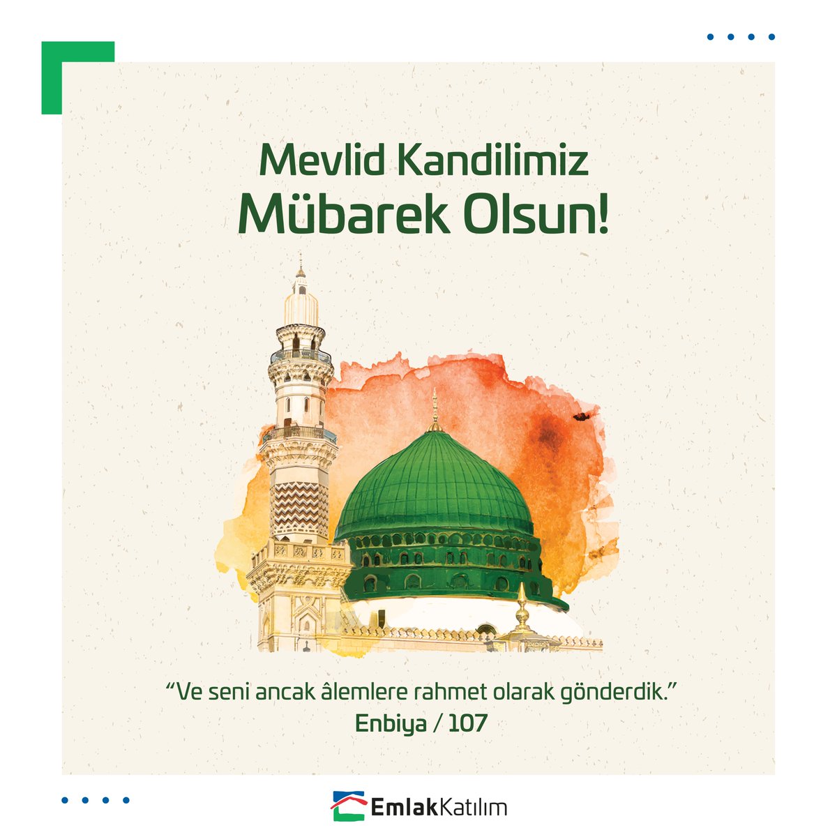 Alemlere rahmet olarak gönderilen Peygamber Efendimiz Hz. Muhammed'in (S.A.V.) dünyaya teşriflerinin yıl dönümü olan Mevlid Kandili’nin İslam alemine ve tüm insanlığa huzur ve esenlik getirmesini temenni ederiz. #MevlidKandili #EmlakKatılım