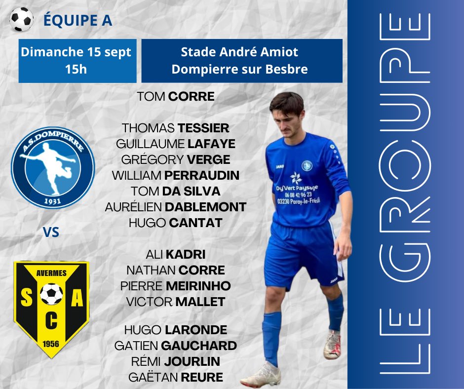 🔵⚪️ Le groupe du week-end ⚪️🔵

⚽ 3ème Tour de la Coupe de France ⚽
📅 Dimanche 15 septembre
🕒 Coup d'envoi à 15h
📍 Stade André Amiot
🍔 Buvette &amp; Snack sur place

Une ambiance de folie vous attend 🔥

Ensemble, allez l'ASD 💙🤍