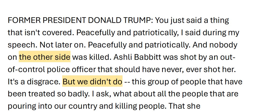 rparloff's tweet image. Surprised this hasn’t gotten more attention. During the debate, when Trump claimed (falsely) that on Jan. 6 “nobody on the other side was killed,” the “other side” he was talking about was the police &amp;amp; Congress. He also called the rioters “we” before he caught himself.
1/4