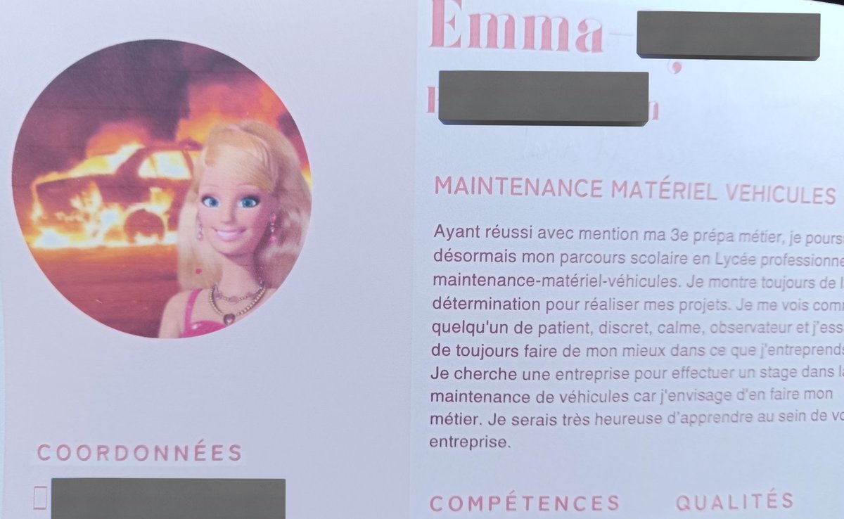 Donc j'ai dit à ma fille, 15 ans
-Pour ton CV pour un stage en atelier mécanique, si tu veux pas mettre de photo de toi, mets une photo en rapport avec les véhicules t'as capté, un truc qui dit "j'suis passionnée, on s'en fout que je sois une fille !"

La photo qu'elle a choisie